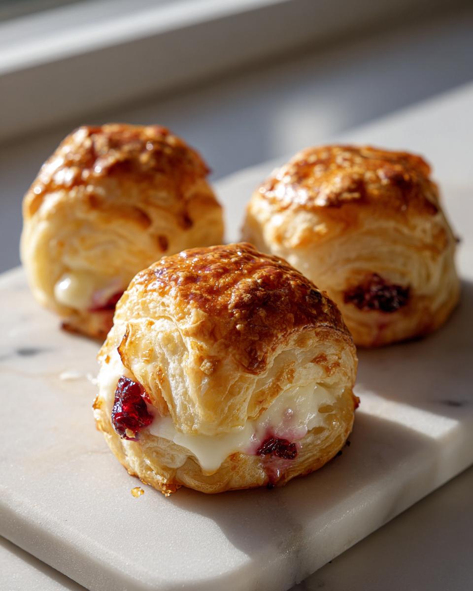 Three golden baked brie bites made with flaky pastry, melted brie, and cranberry filling, sitting on a marble surface.