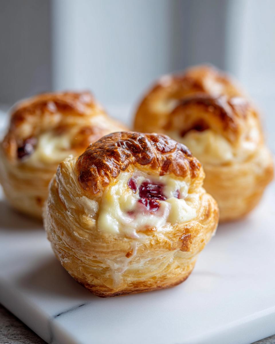 Close-up of three golden baked brie bites made with flaky pastry and creamy brie filling with visible cranberry pieces.