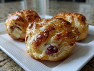 Three golden brown, flaky pastry brie bites with melted cheese oozing out, served on a white rectangular plate.