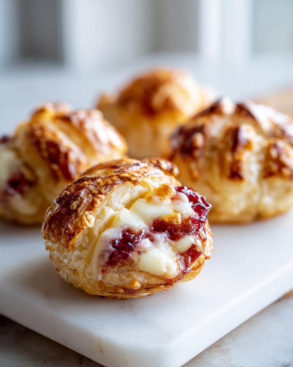 Close-up of a warm, golden baked brie bite oozing melted cheese and red jam, resting on a white marble surface.