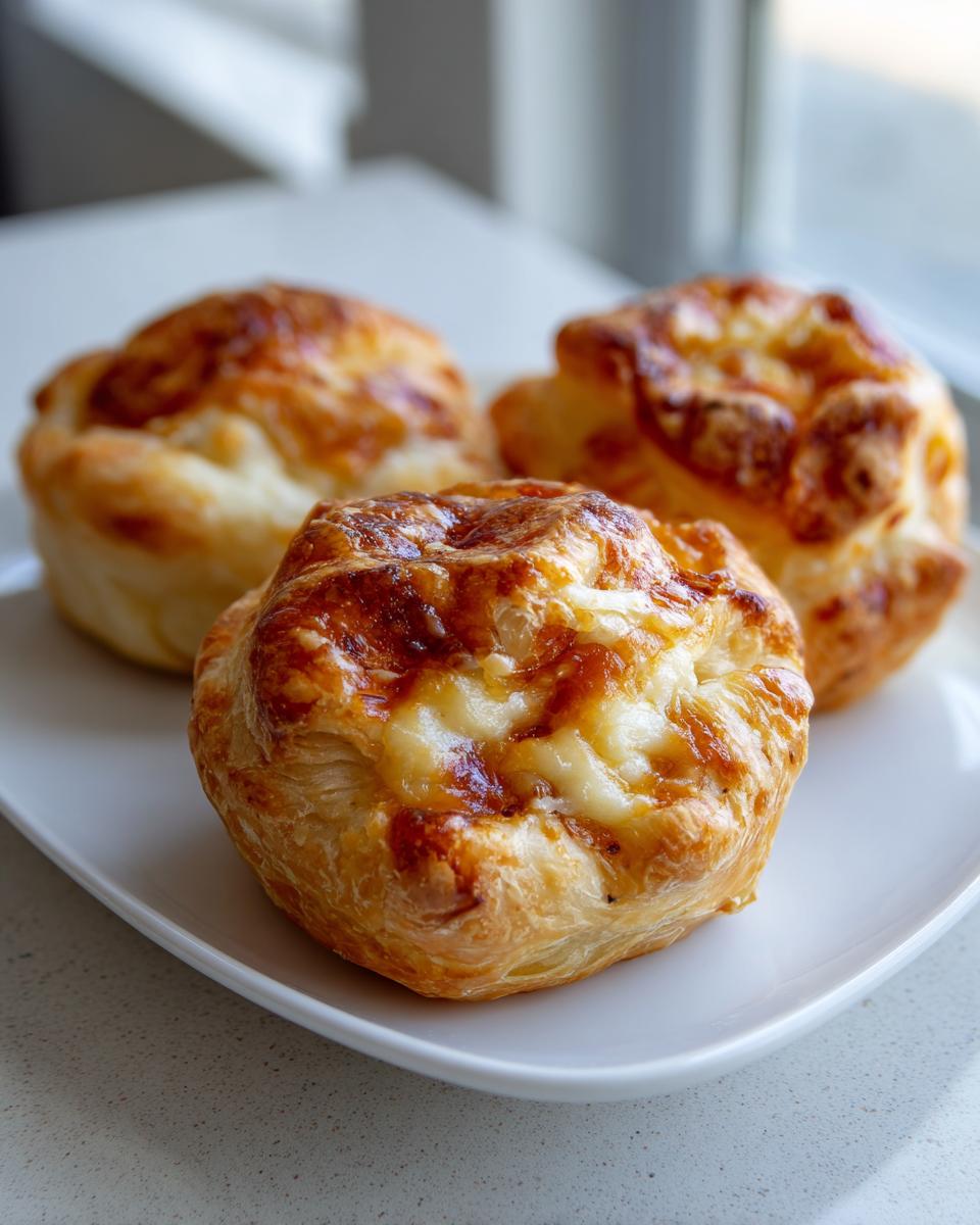 Three golden-brown baked brie bites made with flaky pastry and melted cheese topping.