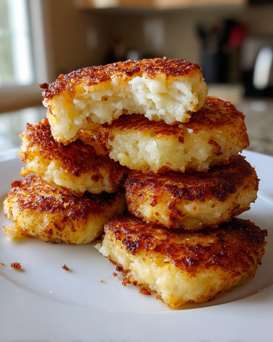 A stack of crispy, golden brown mashed potato cakes with one on top broken open to show the fluffy interior.