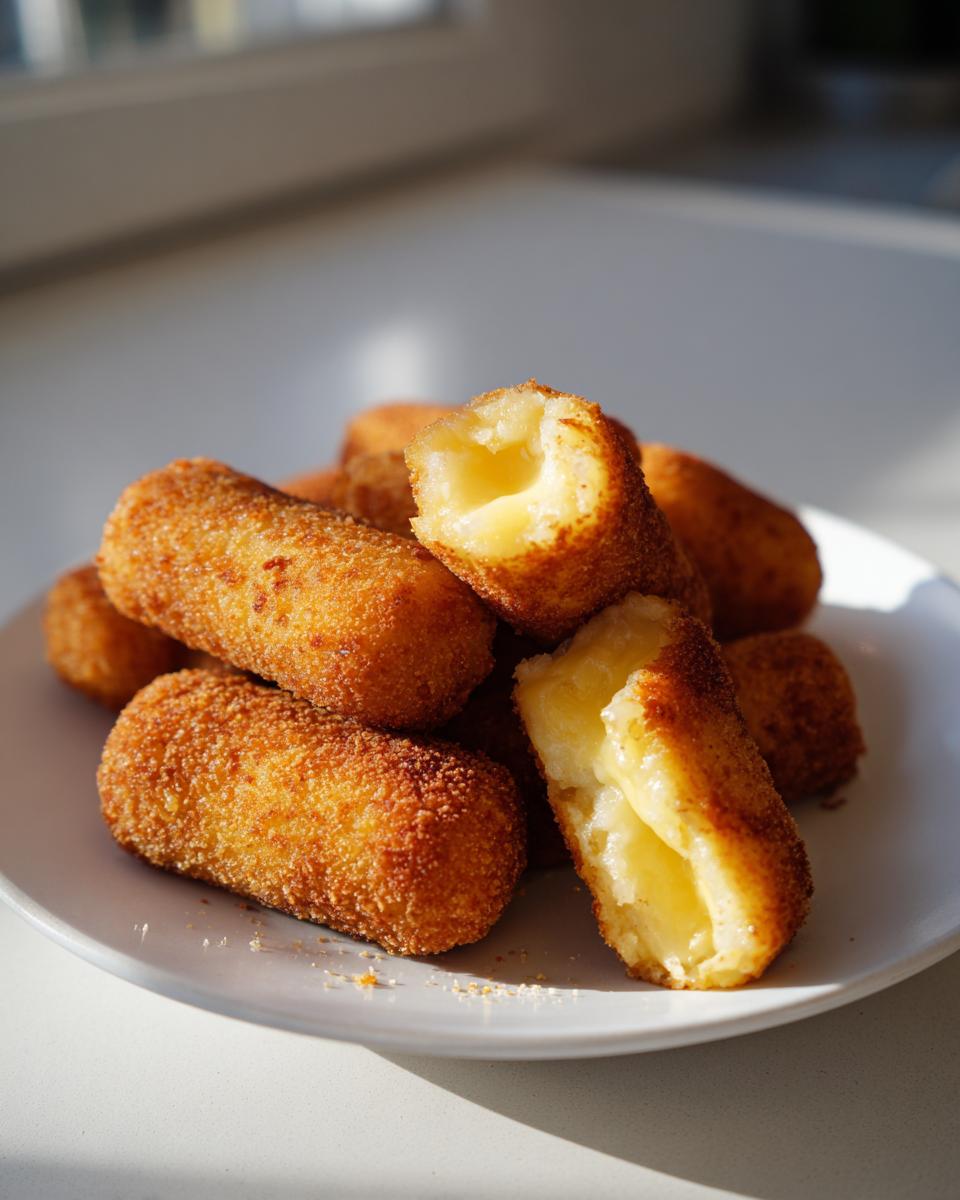 A pile of golden brown, crispy potato croquettes on a white plate, one is broken open showing the creamy interior.