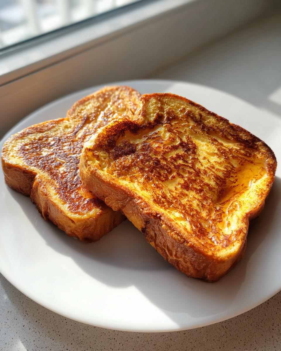 Two golden brown slices of easy french toast resting on a white plate, illuminated by bright sunlight from a nearby window.