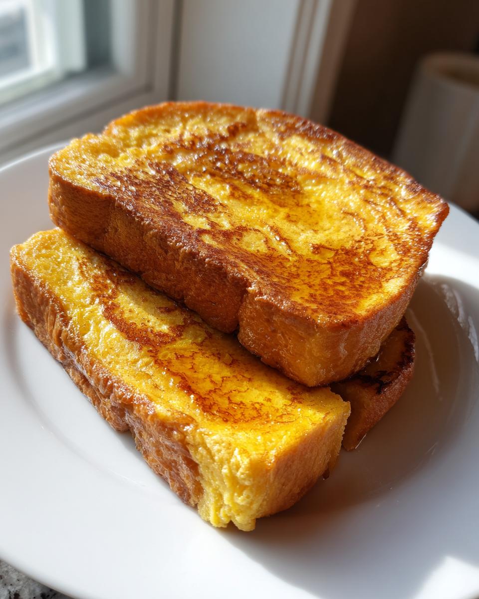 Three thick slices of golden brown, perfectly cooked easy french toast stacked on a white plate.