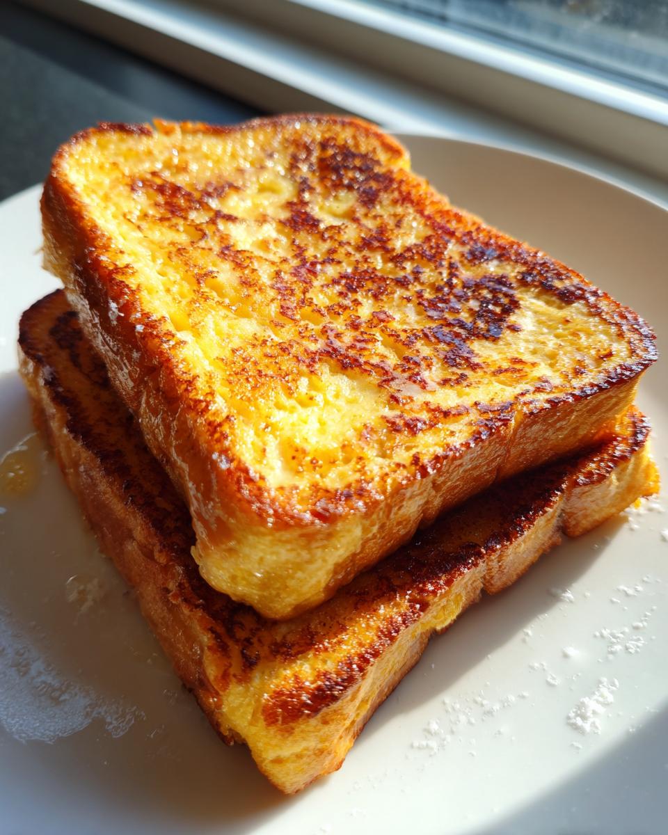 Two slices of golden brown easy french toast stacked on a white plate, glistening with syrup.