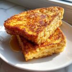 Two thick slices of golden brown easy french toast stacked on a white plate, drizzled with syrup.