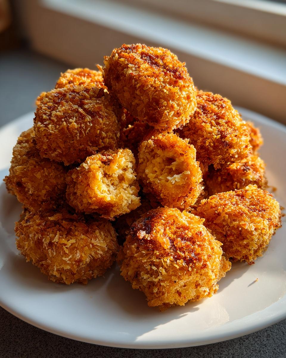 A pile of perfectly golden, crispy homemade chicken nuggets stacked on a white plate, catching sunlight.