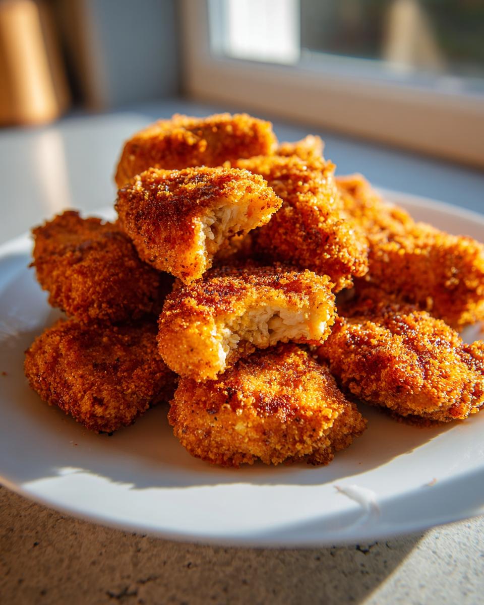 A stack of crispy, golden homemade chicken nuggets on a white plate, one nugget is broken open showing the white interior.