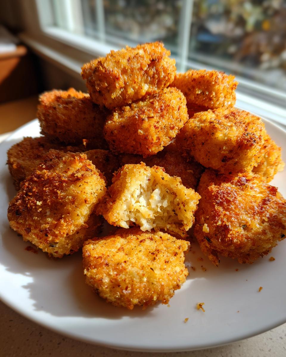 A pile of crispy, golden homemade chicken nuggets on a white plate, one nugget is broken open showing the texture inside.
