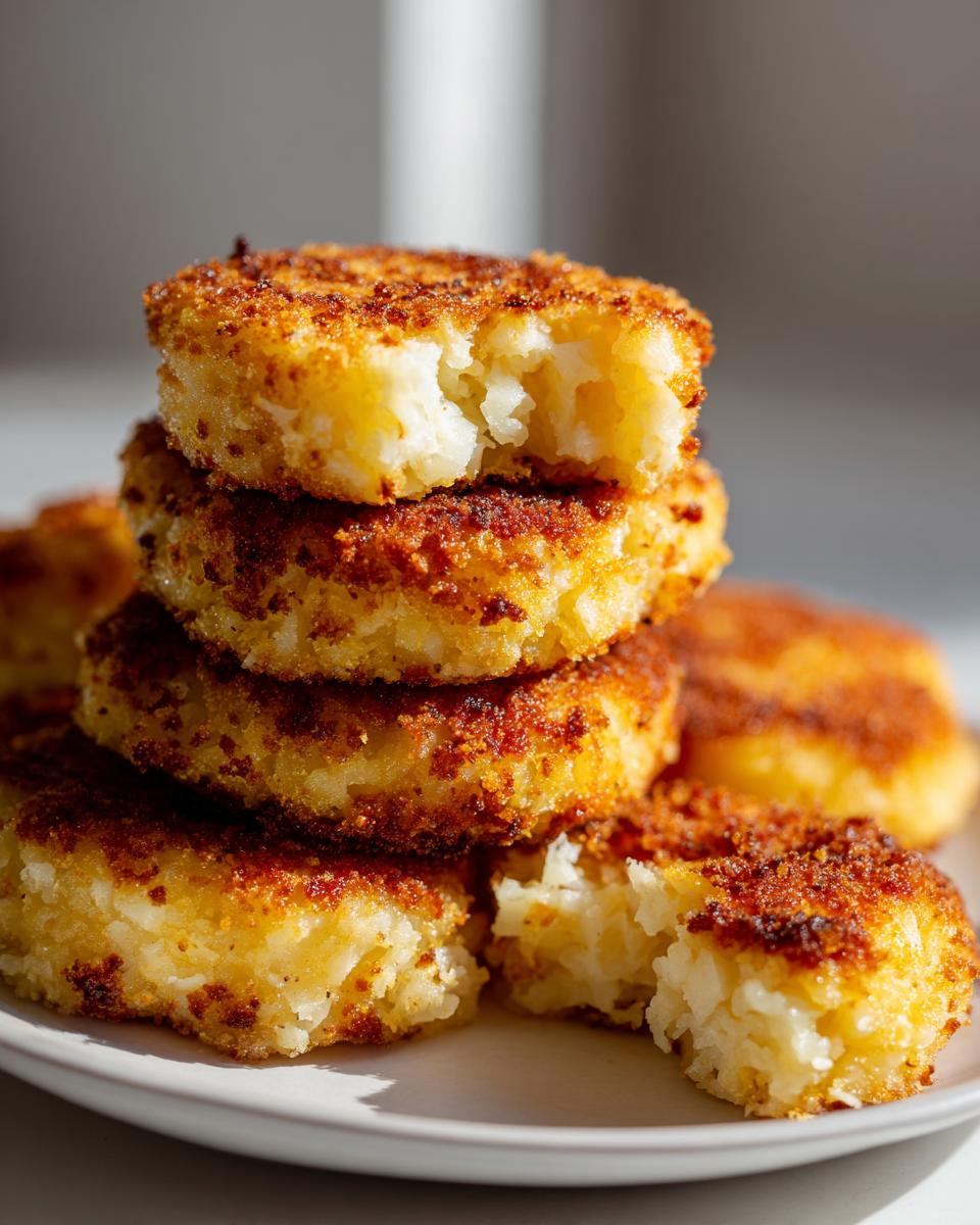 A stack of crispy, golden brown mashed potato cakes with one broken open to show the fluffy interior.
