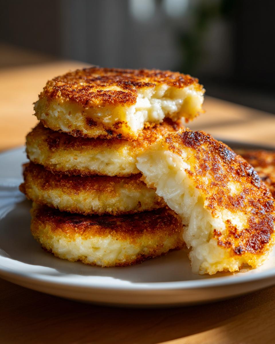 Close-up of a stack of four golden brown, crispy mashed potato cakes, one of which is broken open showing the soft interior.