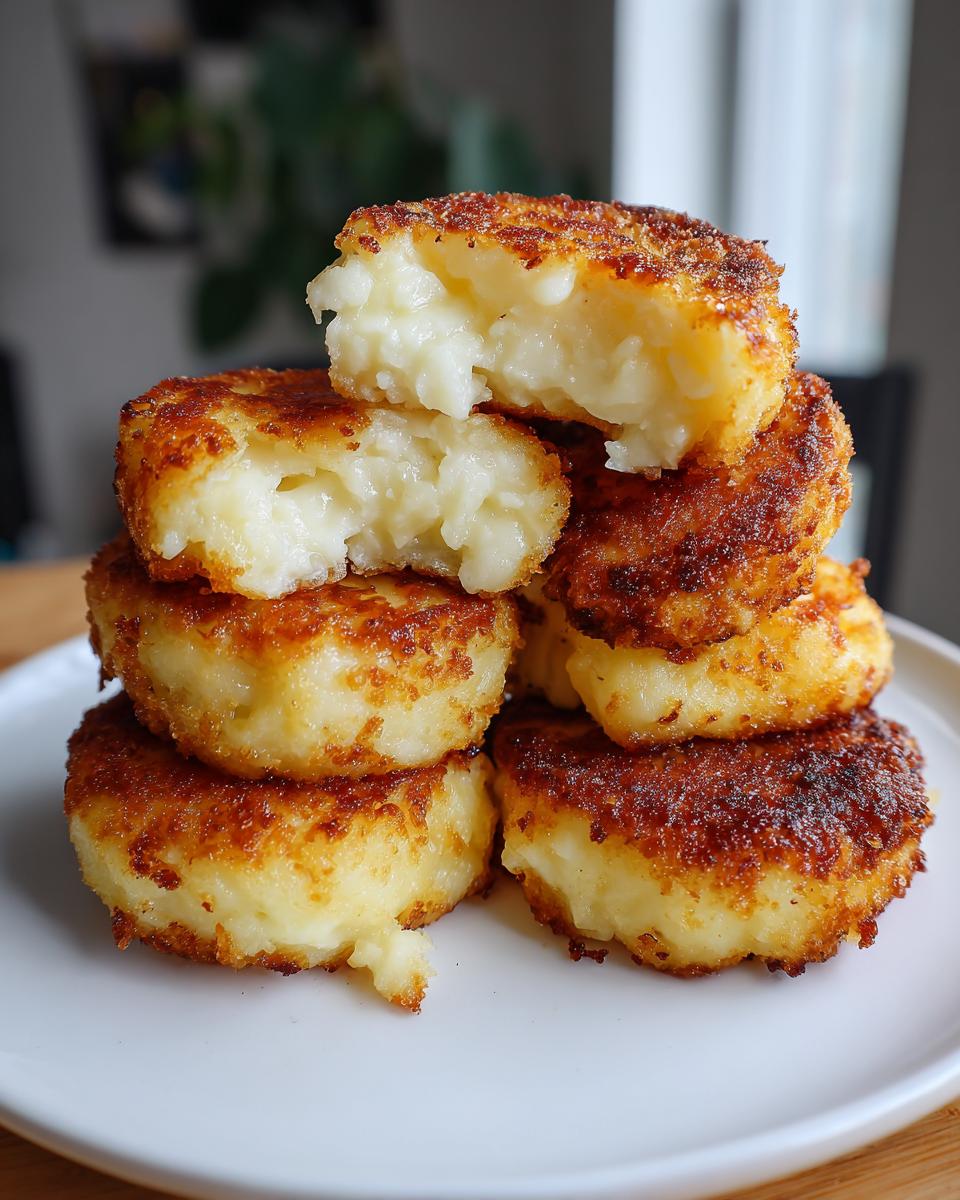 A stack of crispy, golden brown mashed potato cakes, one broken open showing the fluffy interior.