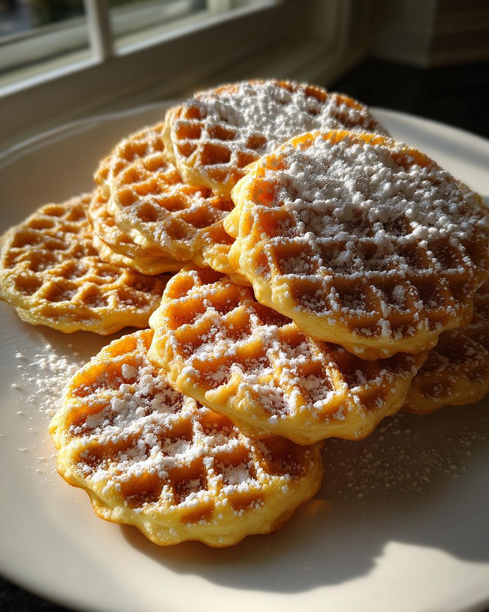 A stack of golden, round pizzelle cookies generously dusted with white powdered sugar.