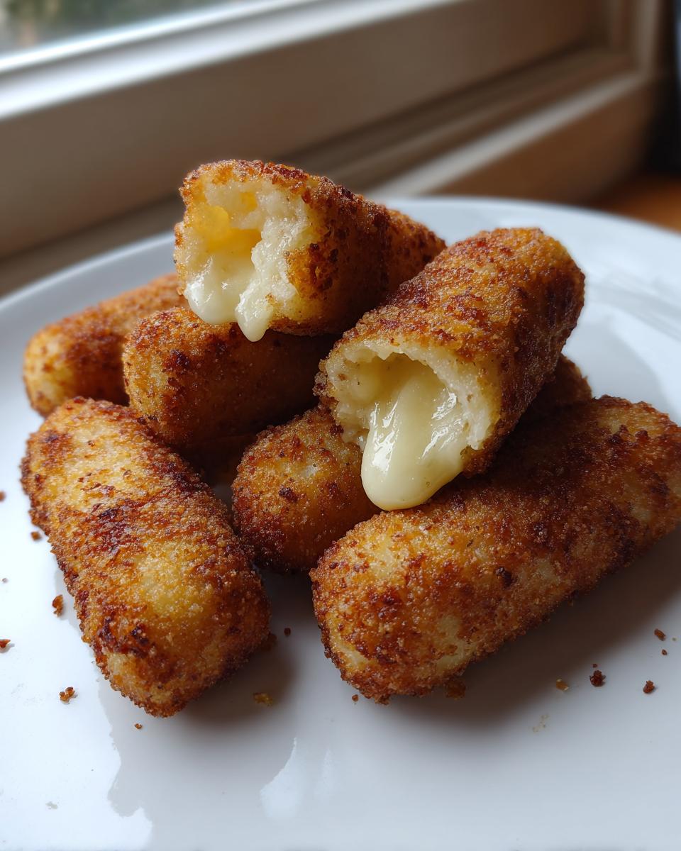 Close-up of crispy, golden-brown potato croquettes stacked on a white plate, one broken open showing a gooey cheese center.