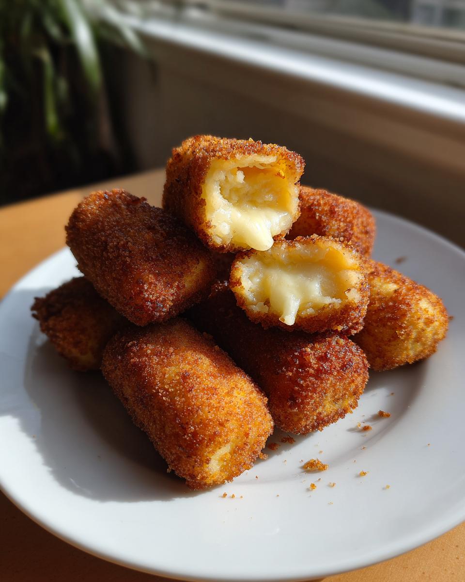 A stack of crispy, golden-brown potato croquettes, with two cut open showing a gooey, melted cheese center.