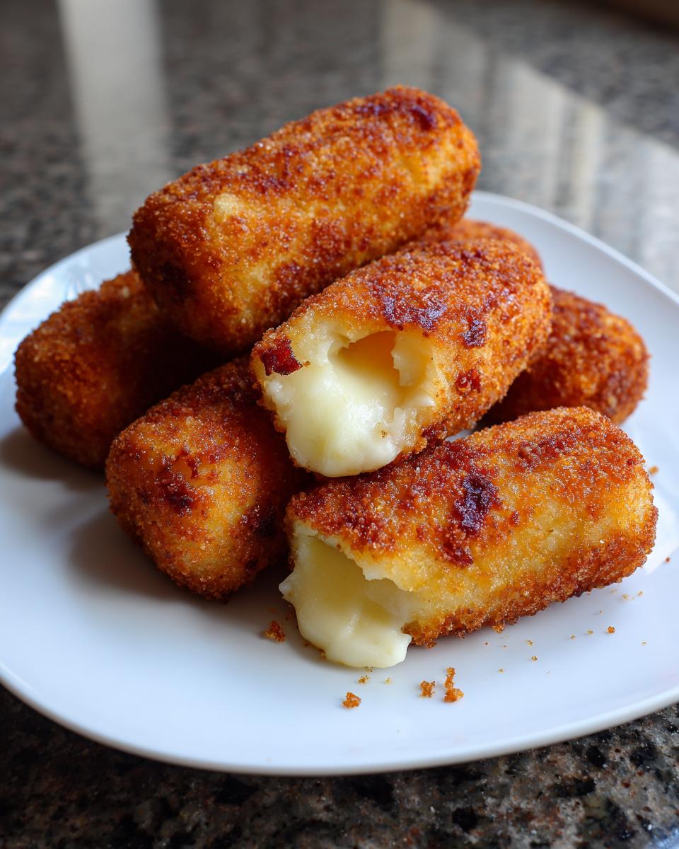 A stack of crispy, golden brown potato croquettes on a white plate, one is broken open showing the melted, creamy filling.