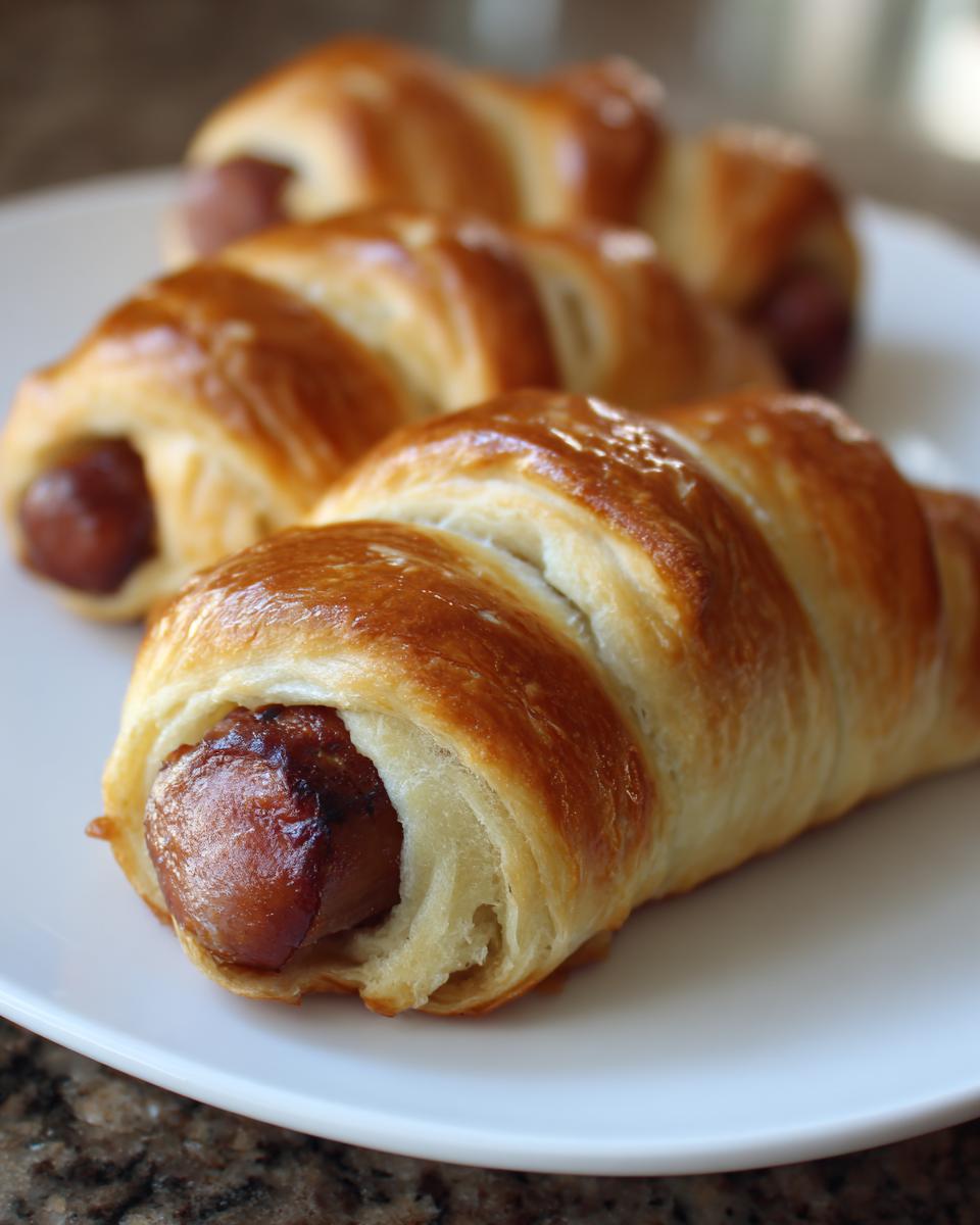 Close-up of three golden brown pretzel dogs wrapped in flaky dough, served on a white plate.