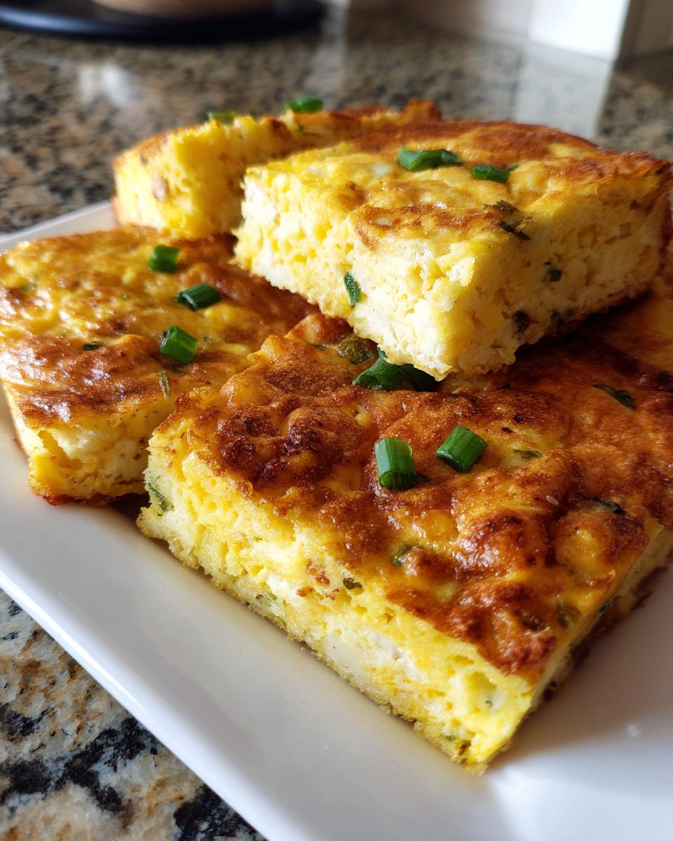 Four square slices of baked sheet pan eggs, golden brown and topped with chopped green onions.