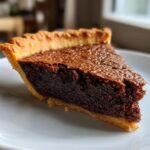 A close-up slice of rich, dark chocolate chess pie with a flaky crust, resting on a white plate.