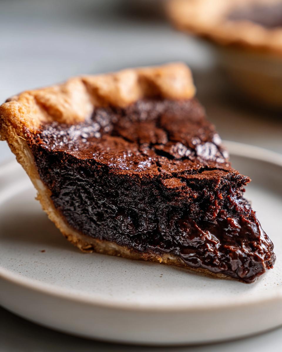 Close-up of a rich, gooey slice of chocolate chess pie showing the dark, fudgy filling and flaky crust.