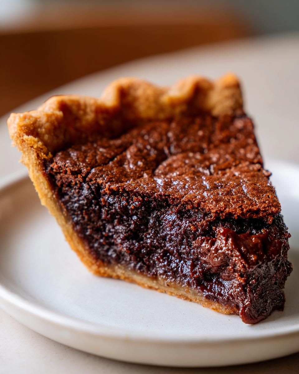 A close-up view of a rich, gooey slice of chocolate chess pie with a flaky crust on a white plate.