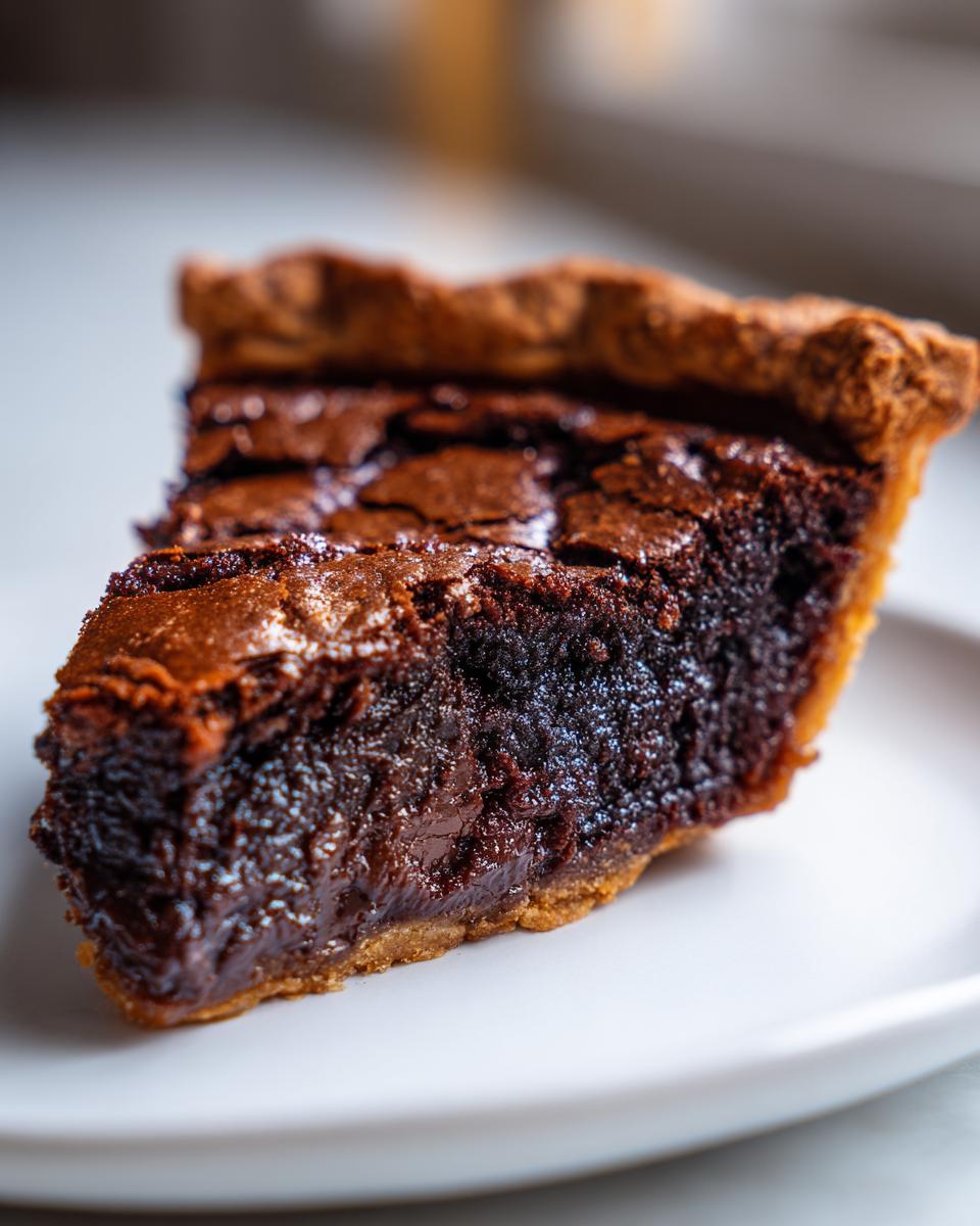 Close-up of a rich, gooey slice of chocolate chess pie with a flaky crust on a white plate.