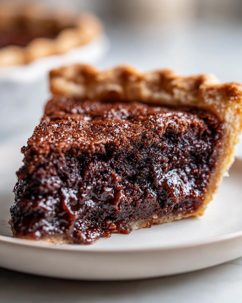 Close-up of a gooey, rich slice of chocolate chess pie showing the dark, fudgy interior and flaky crust edge.