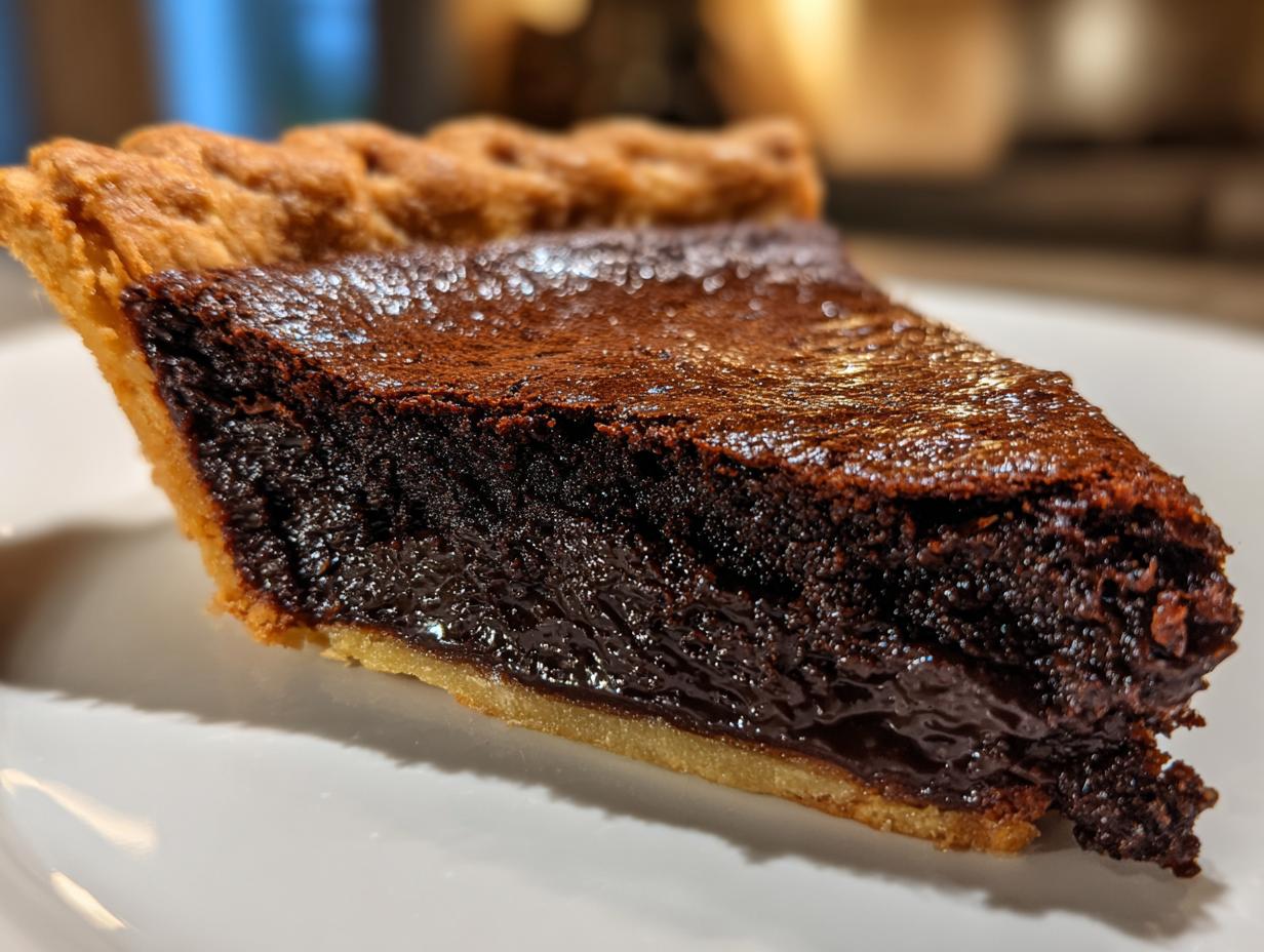 Close-up of a rich, dark slice of chocolate chess pie showing the gooey filling and flaky crust.