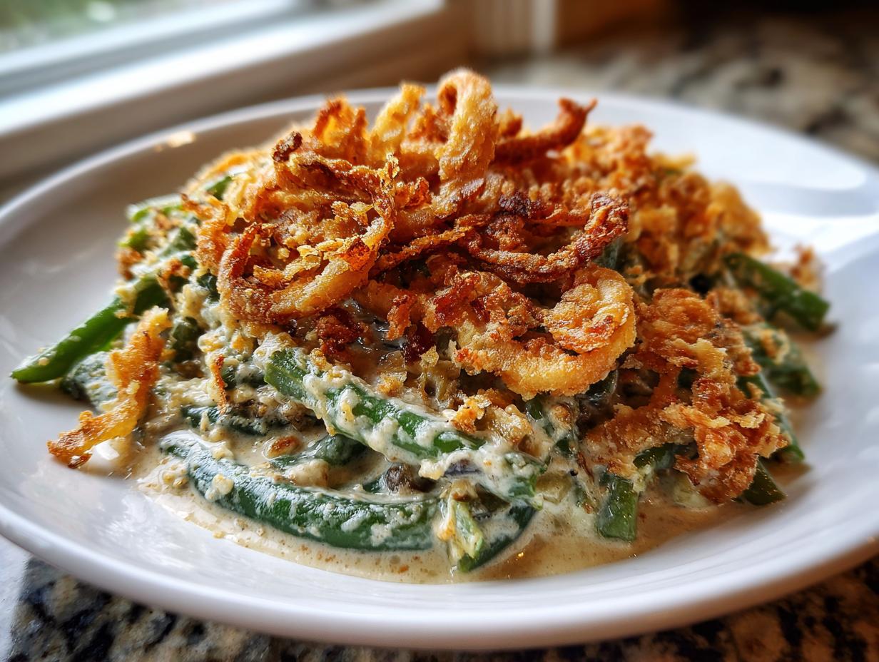 A close-up of creamy green bean casserole topped generously with crispy fried onions.