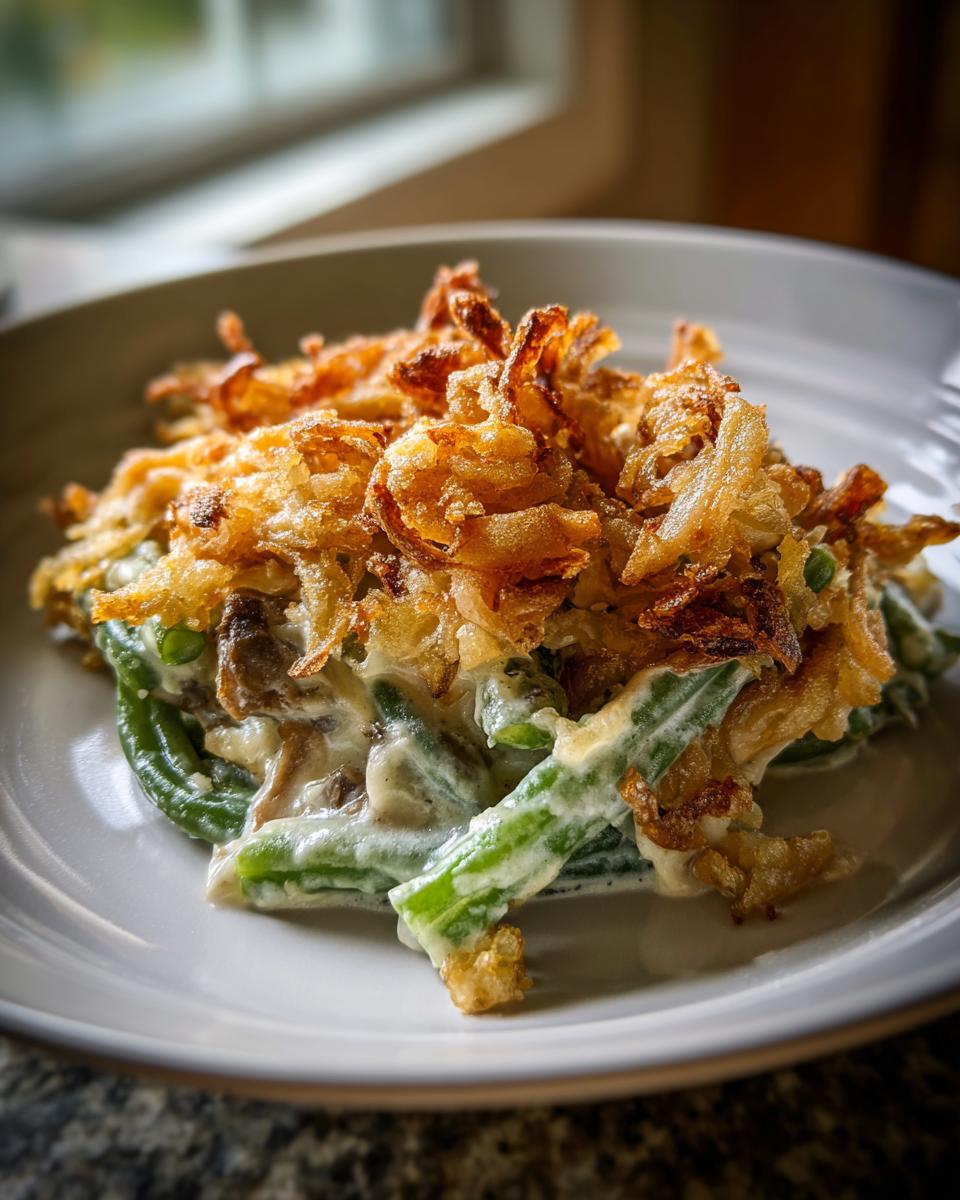 A close-up serving of creamy green bean casserole topped generously with crispy fried onions.