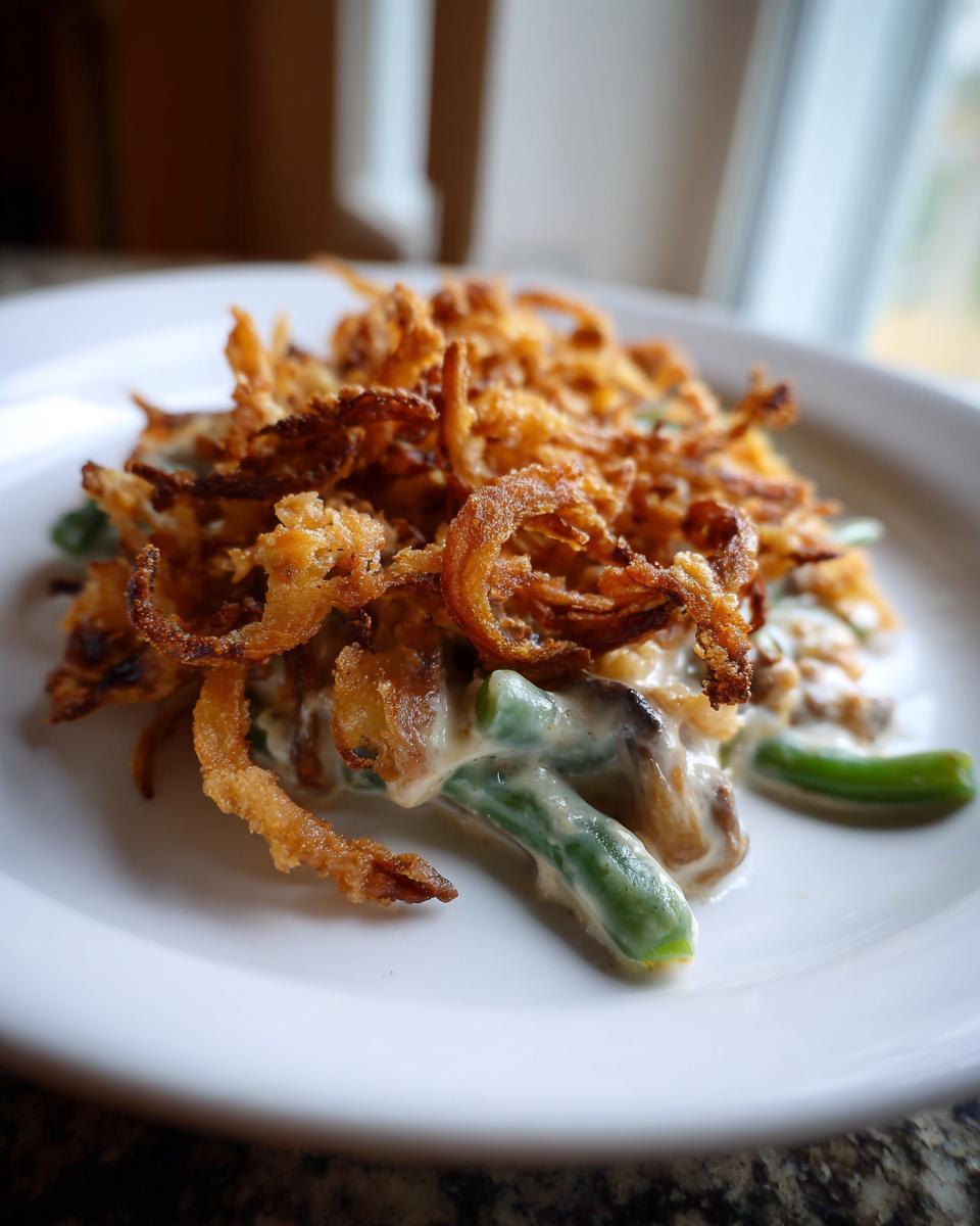 A close-up serving of creamy green bean casserole topped generously with crispy fried onions.