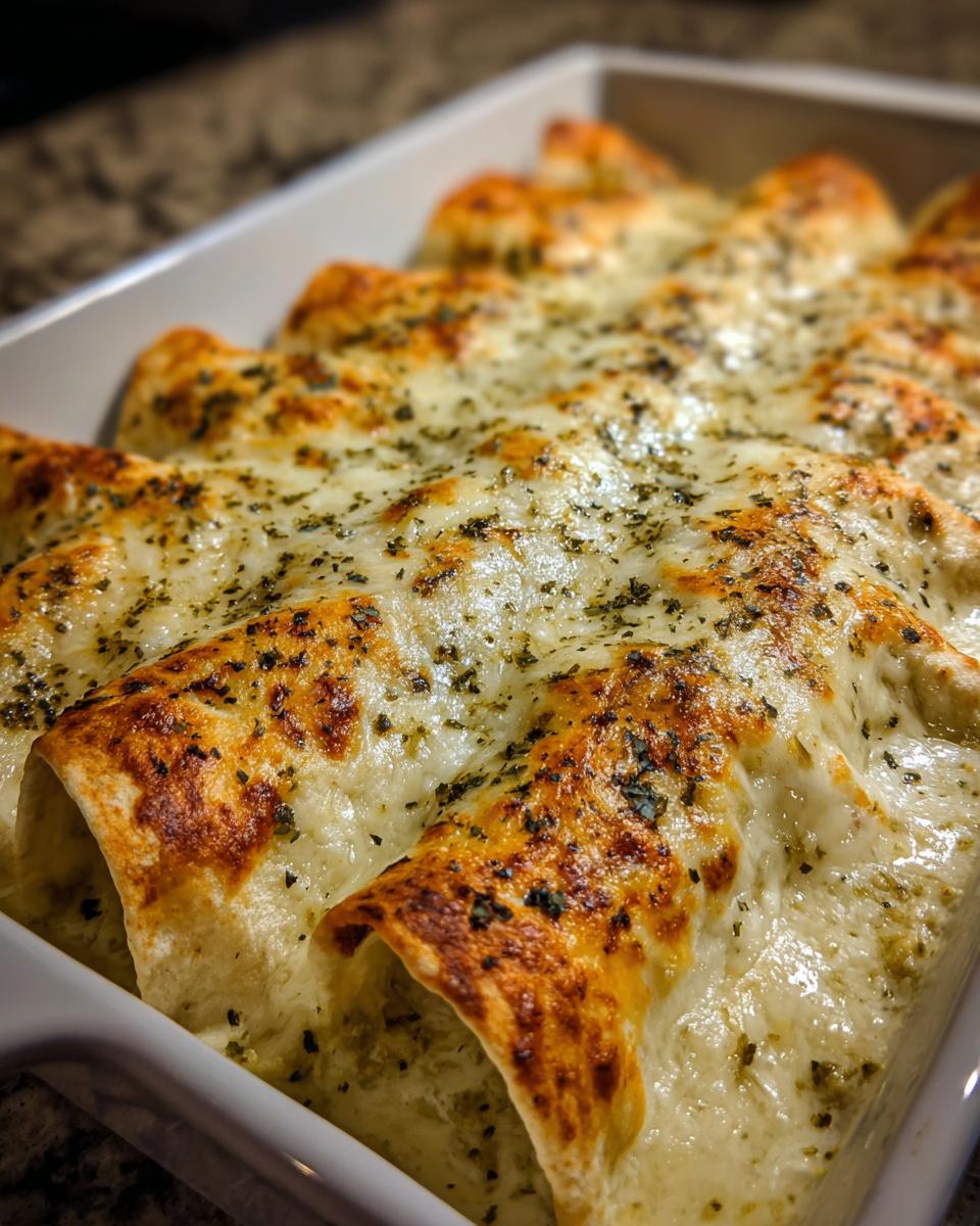 Close-up of baked green chile chicken enchiladas covered in melted, bubbly white cheese and herbs.