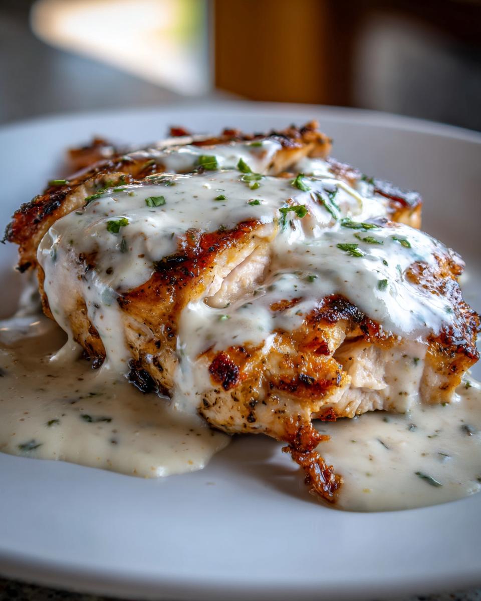 Close-up of grilled chicken breast smothered in a creamy, herb-flecked garlic sauce.