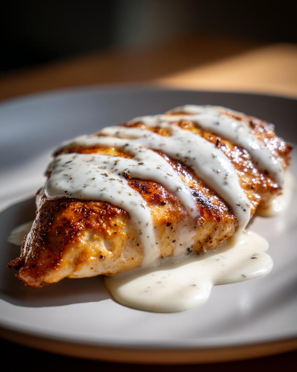 Close-up of a perfectly grilled chicken breast topped with creamy, herb-flecked garlic sauce.