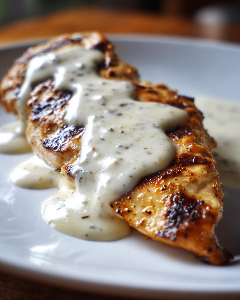 Close-up of a grilled chicken breast generously covered in a creamy, herb-flecked garlic sauce.