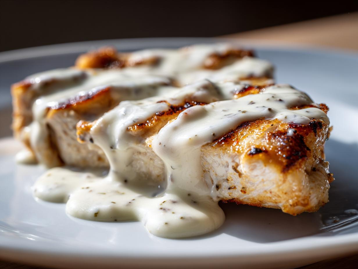 Close-up of grilled chicken breast slices generously topped with a creamy, herb-flecked garlic sauce.