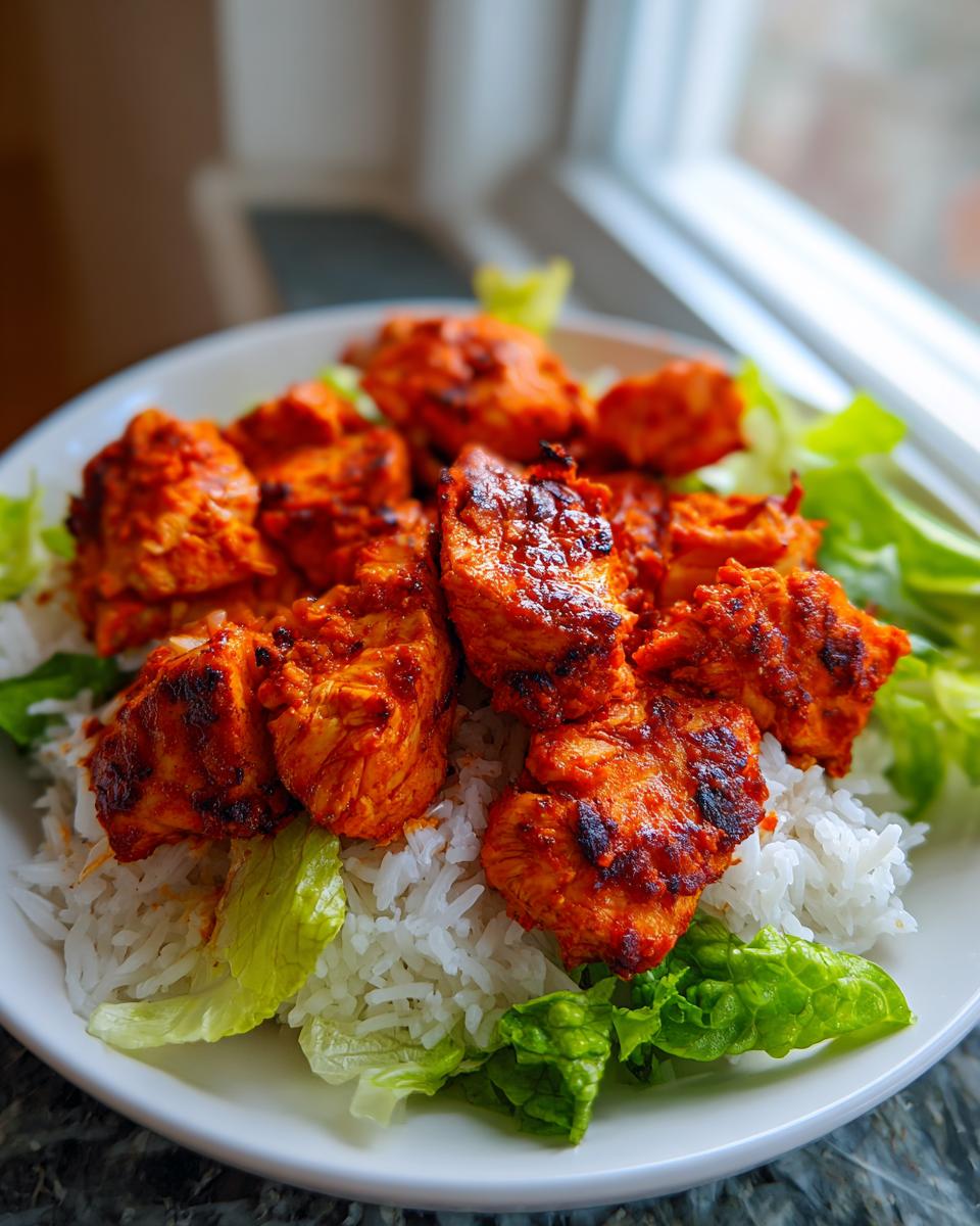 Close-up of vibrant, charred harissa chicken pieces served over white rice and fresh lettuce leaves.