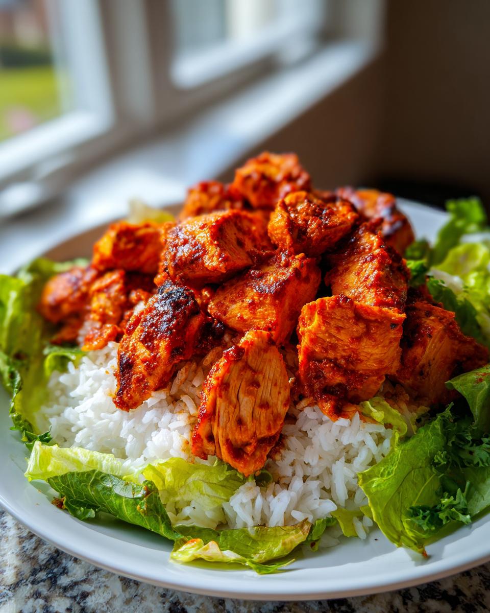 Close-up of bright red, seasoned harissa chicken pieces piled on white rice and fresh lettuce leaves.