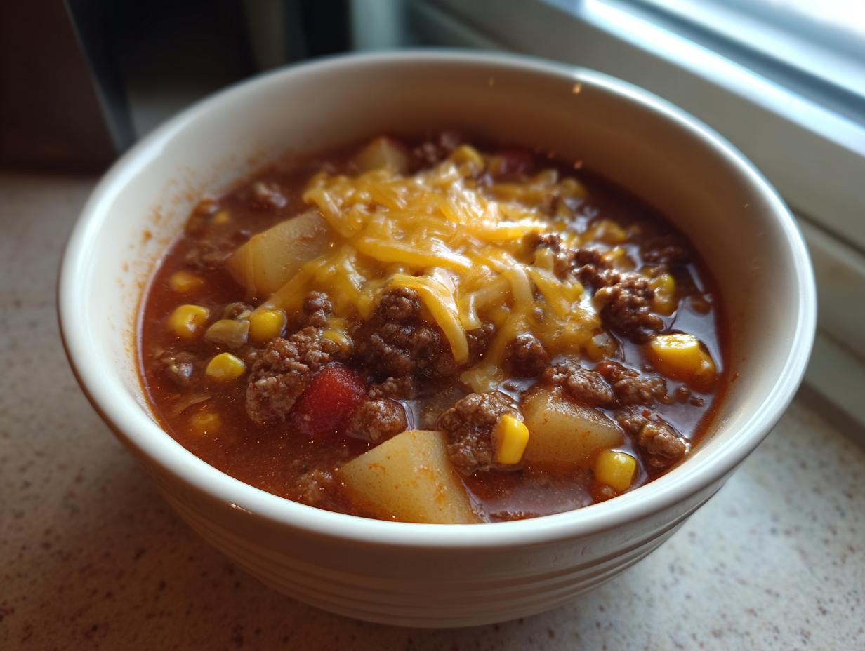 A close-up of a warm bowl of cowboy soup featuring ground beef, potatoes, corn, and melted cheddar cheese.