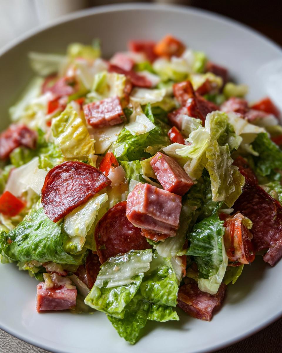 Close-up of a vibrant grinder salad featuring chopped romaine lettuce, salami slices, and cubed cured meats in a white bowl.