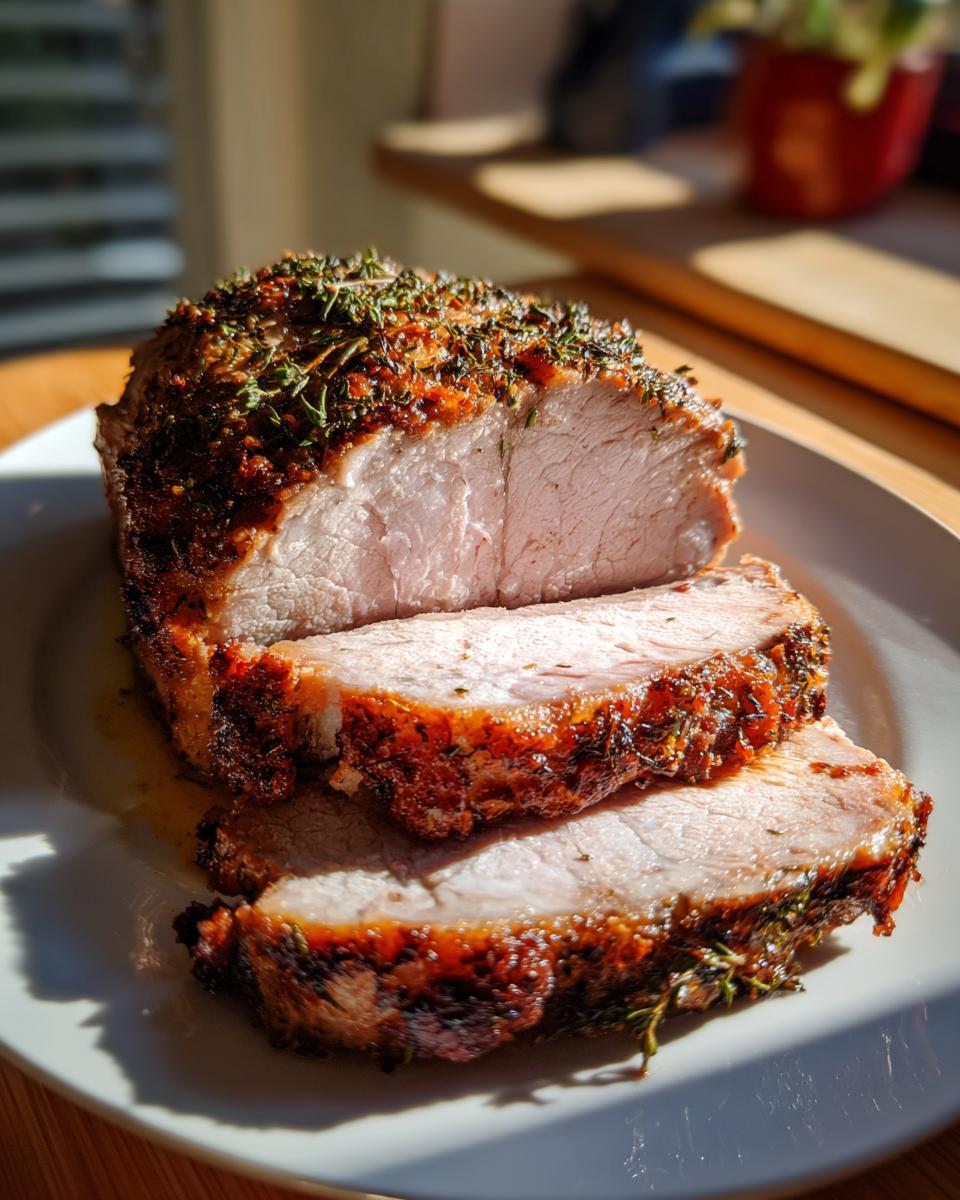 A juicy, herb-crusted pork loin roast, partially sliced, showing tender pink interior.