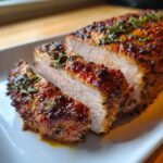Close-up of a juicy, sliced pork loin roast with a caramelized, herb-crusted exterior.