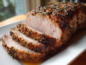 Close-up of a juicy, herb-crusted pork loin roast, with two slices cut and resting on a white platter.