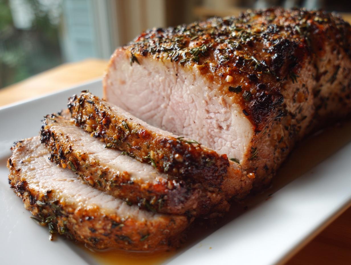 Close-up of a juicy, herb-crusted pork loin roast, with two slices cut and resting on a white platter.