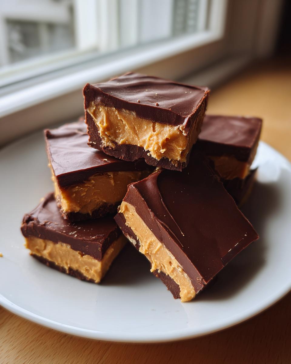 A stack of rich, layered buckeye fudge squares featuring a peanut butter center and chocolate coating on a white plate.