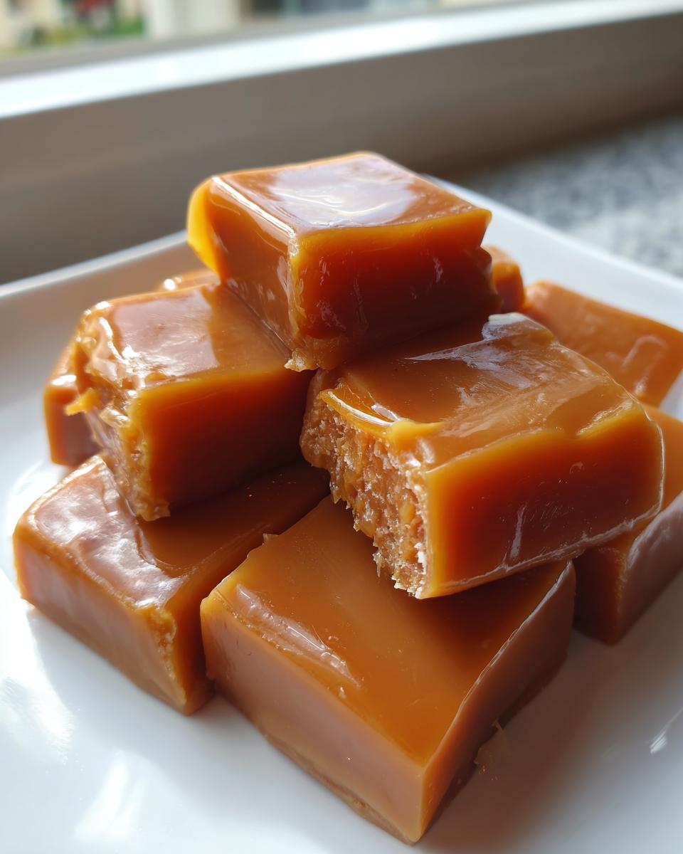 Close-up of several shiny, square pieces of homemade caramel stacked on a white plate.
