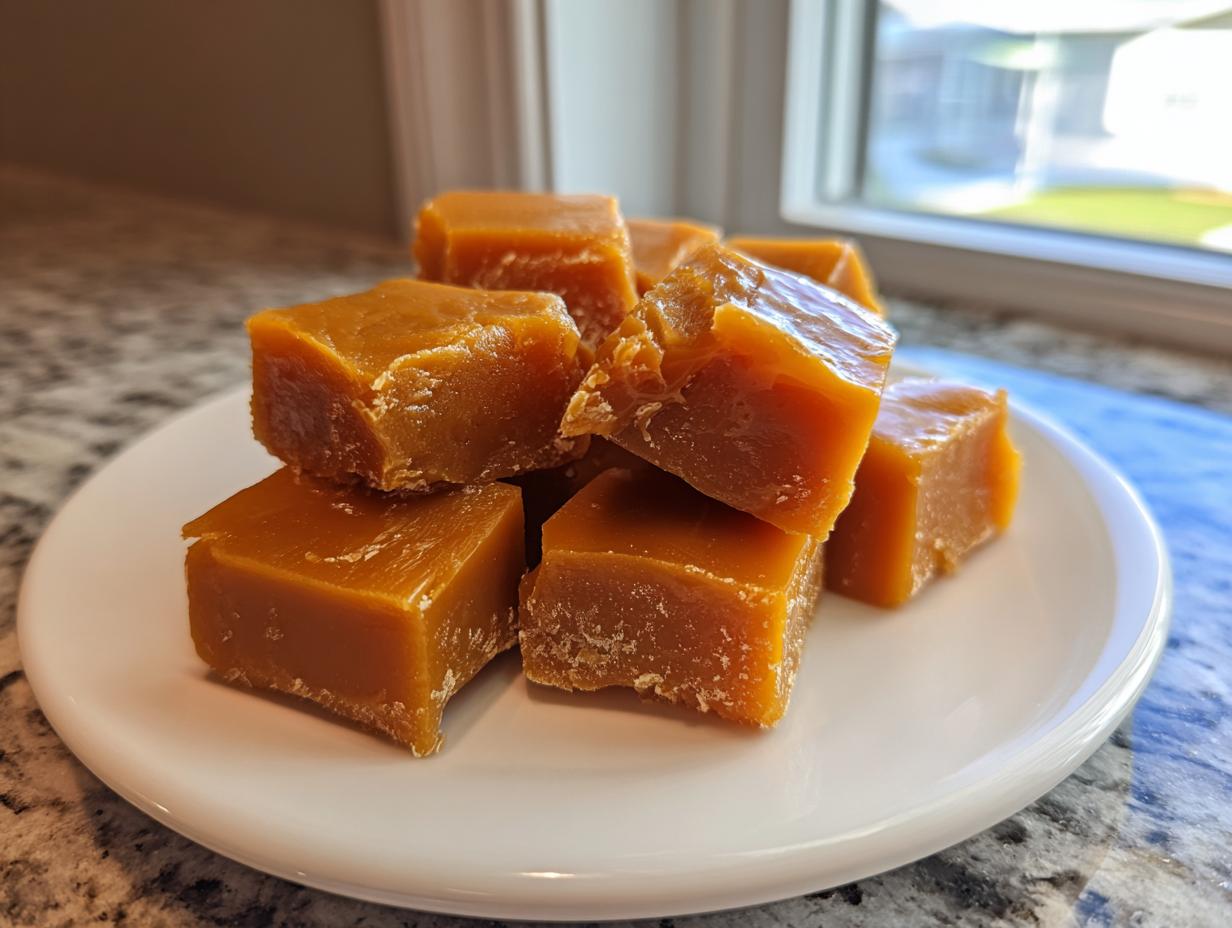 A stack of rich, golden-brown squares of homemade caramel candy resting on a small white plate.