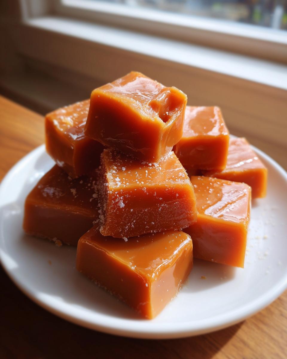 A stack of soft, chewy homemade caramel squares sprinkled with sea salt on a white plate.