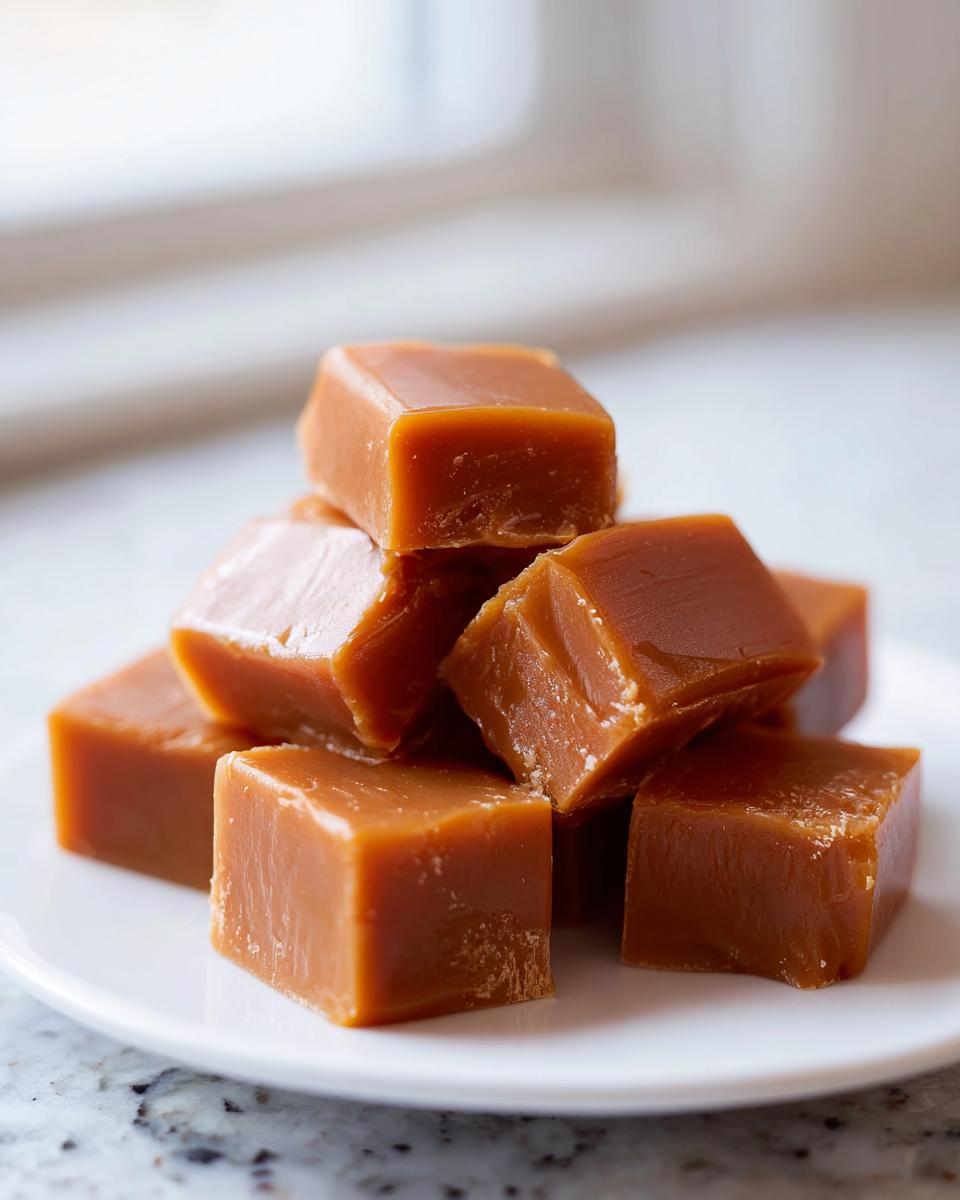 A small pile of rich, square pieces of homemade caramel candy stacked on a white plate.